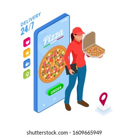 Isometric Online Pizza Order mobile app templates. Free delivery, Female courier, Fast food delivery online service.