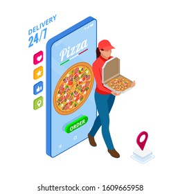 Isometric Online Pizza Order mobile app templates. Free delivery, Female courier, Fast food delivery online service.