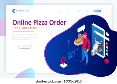 Isometric Online Pizza Order mobile app templates. Free delivery, Fast food delivery online service.