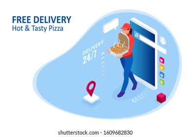 Isometric Online Pizza Order mobile app templates. Free delivery, Fast food delivery online service.