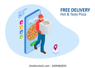 Isometric Online Pizza Order mobile app templates. Free delivery, Fast food delivery online service.