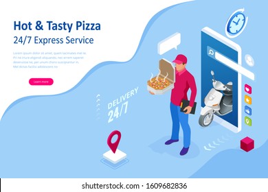 Isometric Online Pizza Order mobile app templates. Free delivery, Fast food delivery online service.