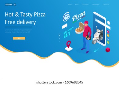 Isometric Online Pizza Order mobile app templates. Free delivery, Fast food delivery online service.