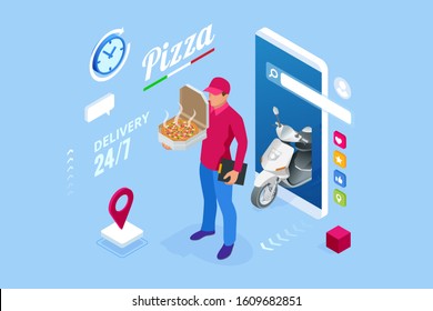 Plantillas de aplicaciones móviles Isomtric Online Pizza Order. Entrega gratuita, entrega rápida de comida en línea.