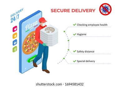 Isometric Online Pizza Order mobile app templates. Contactless deliveryman in a medical mask, gloves delivering food or products to the elderly and people with disabilities at home.