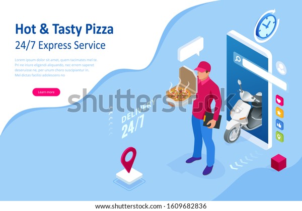 Isometric Online Pizza Order\
mobile app templates. Free delivery, Fast food delivery online\
service.