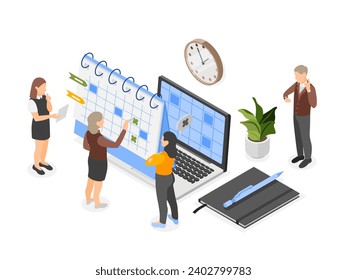 Isometric online planning. Business plan and schedule, office team managed work calendar. Corporate time management, flawless vector scene