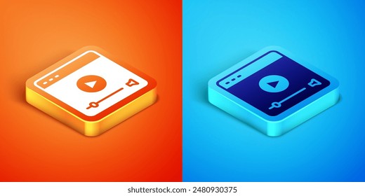 Isometric Online play video icon isolated on orange and blue background. Film strip with play sign.  Vector