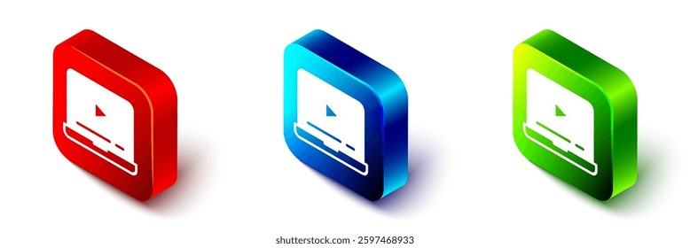 Isometric Online play video icon isolated on white background. Laptop and film strip with play sign. Red, blue and green square button. Vector