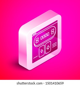 Isometric Online poker table game icon isolated on pink background. Online casino. Silver square button. Vector Illustration
