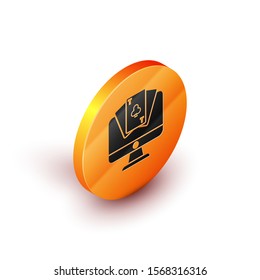 Isometric Online poker table game icon isolated on white background. Online casino. Orange circle button. Vector Illustration