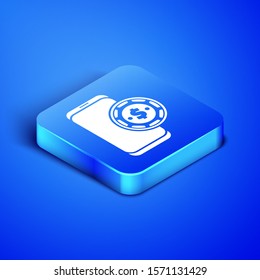 Isometric Online poker table game icon isolated on blue background. Online casino. Blue square button. Vector Illustration