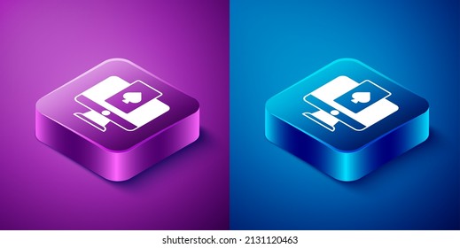 Isometric Online poker table game icon isolated on blue and purple background. Online casino. Square button. Vector