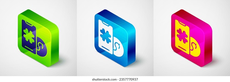 Isometric Online icono de juego de mesa de póquer aislado en fondo gris. Casino en línea. Botón cuadrado. Vector