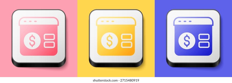 Icono isométrico del juego de mesa del póker en línea aislado en el fondo rosado, amarillo y azul. Casino en línea. Botón cuadrado. Vector