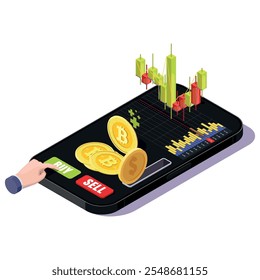 compra on-line isométrica Bitcoin através de um aplicativo de telefone celular. Ilustração vetorial em um fundo branco.