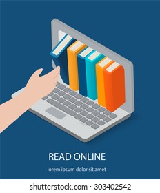 Isometric Online Reading, Digital Library Concepts. Human Hand Chooses EBooks In The Internet Books Store In Laptop, Vector Illustration