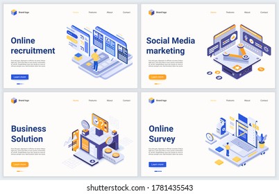 Reclutamiento en línea isométrico, ilustración vectorial de marketing en medios sociales. Diseño moderno de interfaz de concepto para sitio web móvil con tecnología de captación de empresas 3d h de dibujos animados, utilizando redes sociales