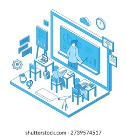 Isometric online school concept. Digital studying for students, pupils. Teacher on screen, children sitting at desk. Video lecture, workshop, nifty vector scene