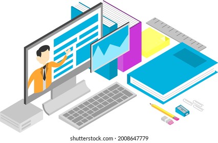 Isometric Online School, vector illustration.