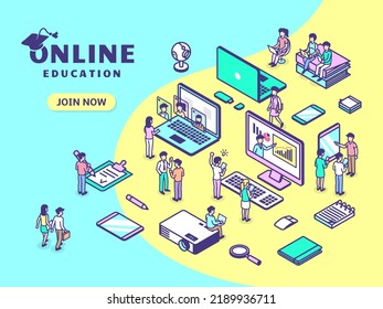 Isometric online school working web banner. Fun learning in college, exams preparation. 3d retro students, teachers, computer and office tools tidy vector scene