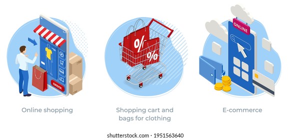 Isometric Online shopping app, suitable for promotion of digital stores, Shopping cart and bags for clothing