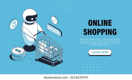 Isometrisches Online-Shopping-Bot-Poster. Internetbot mit Warenkorb. Virtueller Assistent und Helfer mit Tasche und Geschenk. Kunde und Kunde. Design der Landing-Webseite. Lineare Vektorgrafik