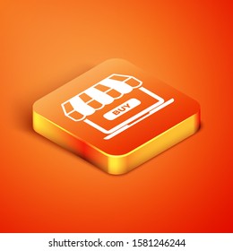 Isometric Online shopping concept. Buy on screen laptop icon isolated on orange background. Concept e-commerce, online business marketing.  Vector Illustration