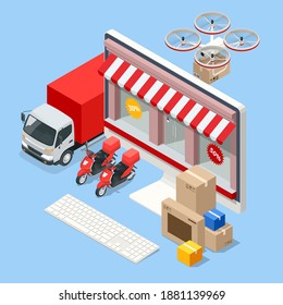 Isometric online shopping concept. Delivery home and office. Online shopping banner, mobile app templates. City logistics. Online shopping store on website. Mobile marketing and e-commerce.