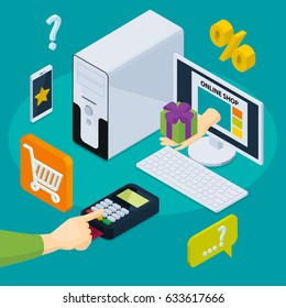 Isometric online shopping concept with desktop computer purchase payment phone cart and cloud signs vector illustration 