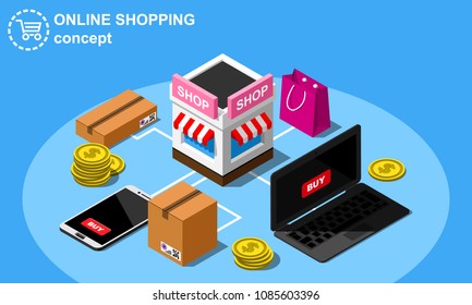Isometric online shopping concept includes laptop, smartphone, shopping bag, boxes and market store vector illustration.