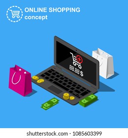 Isometric online shopping concept includes laptop, shopping bags and money vector illustration.
