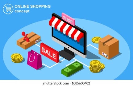Isometric online shopping concept includes monitor, shopping bag, cardboard boxes and market awning vector illustration.