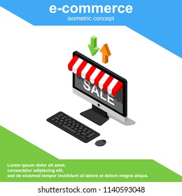 Isometric online shopping concept includes monitor and market awning vector illustration. E-commerce icon.