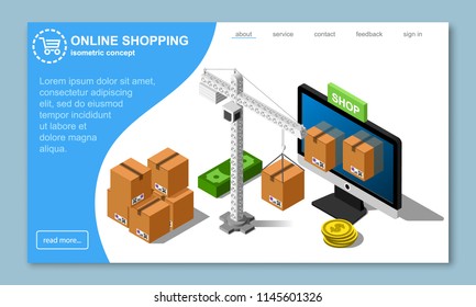Isometric online shopping concept includes monitor, cardboard boxes, tower crane and cash vector illustration. E-commerce 3d icon.