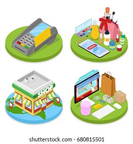 Isometric Online Shopping Concept. Mobile Payment. Internet Beauty Store. Electronic Business. Vector flat 3d illustration