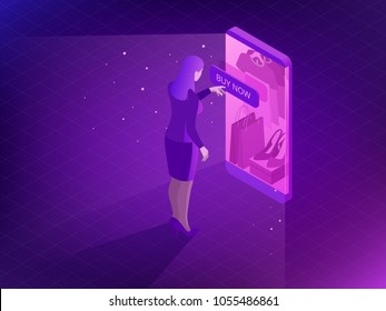 Isometric online shopping concept. Smart phone Shopping in online store. Internet shopping. Buy clothes shoes accessories with ecommerce web site vector illustratior