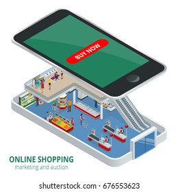 Isometric online shopping concept. Smart phone online shopping. Buy shoes, clothes, accessories, products, perfumes, appliancesaccessories with e commerce web site