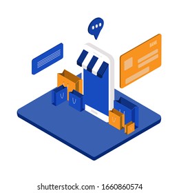 Isometric online shopping concept. Smartphone with blue and yellow shopping bag, credit card on white background.