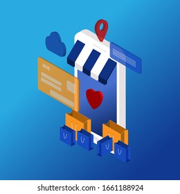Isometric online shopping concept. Smartphone with blue and orange shopping bag, credit card on blue background.