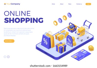 Isometric online shopping concept. smartphone with bag online delivery goods, gift, basket, cart, credit card. internet shopping and loyalty reward. landing page template. isolated vector illustration