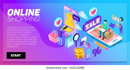 Isometric online shopping and delivery. E-commerce, retail, store. Internet marketing.