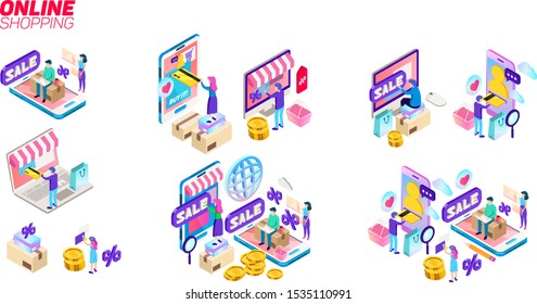 Isometric online shopping and delivery. E-commerce, retail, store. Internet marketing.