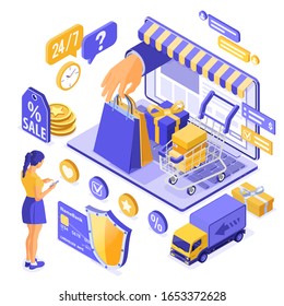 Isometric online shopping, delivery, logistics concept. laptop with hand hold bag online delivery goods, girl, gift, credit card. 24h internet shopping at home. isolated vector illustration
