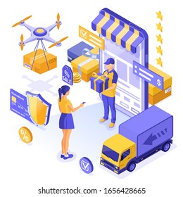 Isometric online shopping, delivery, logistics concept. girl buy online via smartphone with delivery goods, drone, truck, gift, shield, credit card. deliveryman with box. isolated vector illustration
