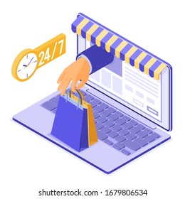 Isometric Online Shopping, Delivery, Logistics Concept. Laptop With Hand Hold Bag Online Delivery Goods. 24h Internet Shopping At Home. Isolated Vector Illustration