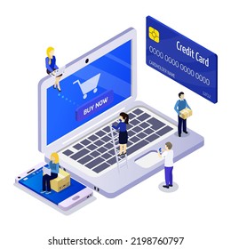 Isometric of online shopping, digital marketing, digital store promotion, online payment