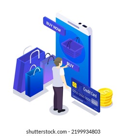 Isometric of online shopping, digital marketing, digital store promotion, online payment