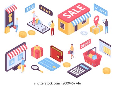 Compras en línea isométricas. Aplicación móvil de Ecommerce para marketing, tienda y pago. Clientes con bolsas y carretas de vectores. Tecnología de pago en línea, ilustración de marketing de compras de clientes