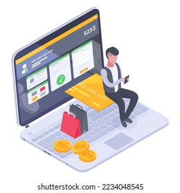 Isometric online shopping, electronic payment service. Mobile payments, online money transfer 3D vector illustration on white background